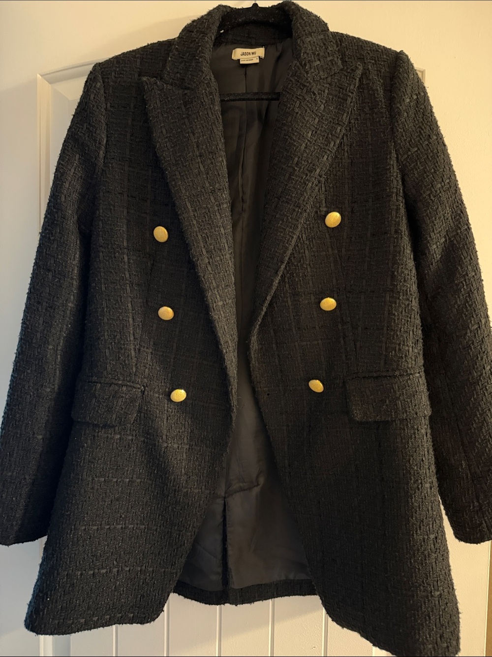 Jason Wu Black Tweed Double-Breasted Blazer with Gold Buttons